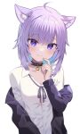  1girl :3 animal_ear_fluff animal_ears bangs black_choker black_jacket blue_hair blush breasts cat_ears cat_girl choker closed_mouth colored_inner_hair commentary_request eyebrows_visible_through_hair hand_up highres hololive jacket long_hair looking_at_viewer medium_breasts multicolored_hair nekomata_okayu off_shoulder official_alternate_costume purple_hair ruka_tou shirt simple_background solo violet_eyes virtual_youtuber white_background white_shirt 