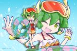  1girl bracelet collarbone draco_centauros dragon_girl dragon_horns dragon_tail dragon_wings eyebrows_visible_through_hair fang flip-flops goggles goggles_on_head green_eyes green_hair holding holding_innertube horns innertube jewelry looking_at_viewer one-piece_swimsuit one_eye_closed open_mouth puyopuyo sandals short_hair smile snorkel solo swimsuit tail takazaki_piko twitter_username wings 
