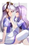  2girls absurdres animal_ears blush border brown_headwear eyebrows_visible_through_hair gold_ship_(umamusume) hat highres horse_ears horse_girl horse_tail long_hair mejiro_mcqueen_(umamusume) multiple_girls pillow_hat pleated_skirt puffy_short_sleeves puffy_sleeves purple_hair school_uniform short_sleeves silver_hair skirt tail takom thigh-highs tracen_school_uniform umamusume violet_eyes white_border white_legwear white_skirt 