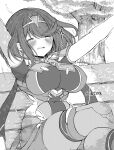  1girl bangs black_gloves breasts chest_jewel fingerless_gloves gloves greyscale highres large_breasts monochrome pyra_(xenoblade) short_hair short_shorts shorts solo suimennnagare swept_bangs thigh-highs tiara xenoblade_chronicles_(series) xenoblade_chronicles_2 