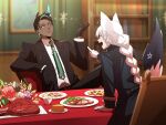  1boy 1girl absurdres animal_ears aragami_oga bangs black_hair black_jacket blue_jacket blurry blurry_background bookshelf braid braided_ponytail brown_gloves collared_shirt commentary_request dark-skinned_male dark_skin earrings fox_ears fox_girl fox_tail gloves green_eyes green_hair green_neckwear highres hololive holostars horns indoors jacket jewelry long_hair looking_at_another multicolored_hair necktie open_mouth pentagram plate pointing_at_another shirakami_fubuki shirt short_hair silou_b single_braid single_horn sitting streaked_hair swept_bangs table tail virtual_youtuber white_gloves white_hair white_shirt 