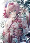  1girl bangs blue_eyes blurry blurry_background blush branch commentary douya_(233) floral_print grin hair_between_eyes hair_intakes hair_ornament headband holding holding_branch japanese_clothes kimono leaf long_sleeves looking_at_viewer nail_polish obi outdoors pink_hair pink_kimono princess_connect! print_kimono red_headband sash short_hair smile snow solo standing symbol-only_commentary tree upper_body yui_(princess_connect!) 