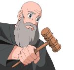  1boy bald beard black_coat black_eyes coat commentary facial_hair gavel green_(grimy) gyakuten_saiban hammer hand_up holding holding_hammer jpeg_artifacts judge long_sleeves male_focus mustache old old_man parted_lips simple_background solo symbol-only_commentary teeth the_judge_(gyakuten_saiban) upper_body white_background 