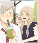  1boy 1girl blonde_hair blue_shirt brother_and_sister coffee_cup collared_shirt commentary_request cup disposable_cup drinking drinking_straw green_eyes grey_hair haiba_arisa haiba_lev haikyuu!! holding holding_cup jewelry laugh_111 long_hair looking_at_viewer necklace necktie outdoors shirt short_hair siblings sleeveless sleeveless_shirt smile white_shirt 