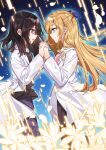  2girls black_hair black_shirt blonde_hair blue_eyes blue_ribbon brown_eyes claire_francois flower hair_behind_ear hair_pulled_back hair_ribbon hanagata highres holding_hands interlocked_fingers jacket long_hair looking_at_another medium_hair multiple_girls parted_lips pink_shirt profile rei_taylor ribbon shirt smile watashi_no_oshi_wa_akuyaku_reijou white_jacket yuri 