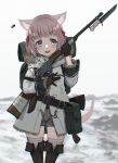  1girl absurdres animal_ears antique_firearm backpack bag bayonet belt blue_eyes blurry blurry_background boots cat_ears chromatic_aberration commentary fur_trim gloves gun hatchet highres holding holding_gun holding_weapon jacket oota_youjo original peabody_action pouch rifle shell_casing short_hair short_shorts shorts snow solo steam thigh-highs thigh_boots weapon zettai_ryouiki 