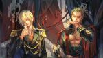  2boys artist_request blonde_hair cigarette drinking earrings flag green_hair highres jewelry jolly_roger katana looking_at_viewer multiple_boys one_piece roronoa_zoro sanji scar scar_across_eye scar_on_chest serious short_hair smoking source_request standing sword sword_hilt uniform weapon 