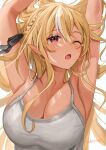  1girl ;o armpits arms_up bangs black_ribbon blonde_hair braid breasts camisole commentary_request dark-skinned_female dark_skin eyebrows_visible_through_hair floating_hair hair_between_eyes hair_ribbon hatsuno_xxx highres hololive large_breasts long_hair looking_at_viewer multicolored_hair one_eye_closed pointy_ears red_eyes ribbon shiranui_flare signature simple_background solo streaked_hair tearing_up upper_body virtual_youtuber white_background white_hair 