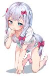  1girl all_fours barefoot blue_eyes blush bow eromanga_sensei feet hair_bow hand_to_own_mouth highres izumi_sagiri long_hair low-tied_long_hair no_pants re:ankh_(mrsz4523) ribbon shirt short_sleeves silver_hair simple_background solo thighs toes white_background white_shirt 