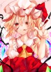  1girl :p absurdres ascot bangs blonde_hair blurry blurry_background blurry_foreground bow bright_pupils calpis118 collarbone commentary_request cowboy_shot crystal depth_of_field eyebrows_visible_through_hair flandre_scarlet frilled_shirt_collar frills gradient gradient_background hair_between_eyes hand_up hat hat_bow highres index_finger_raised looking_at_viewer mob_cap one_side_up pink_background puffy_short_sleeves puffy_sleeves red_bow red_eyes red_skirt red_vest short_hair short_sleeves simple_background skirt solo tongue tongue_out touhou vest white_headwear wings yellow_neckwear 