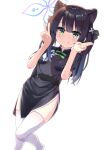  1girl :p animal_ear_fluff animal_ears arms_up bangs black_dress black_hair blue_archive blunt_bangs china_dress chinese_clothes double_v dress furannsupaku green_eyes highres leg_lift long_hair short_sleeves shun_(blue_archive) simple_background smile solo standing standing_on_one_leg thigh-highs thighs tiger_ears tiger_girl tongue tongue_out twintails v white_background white_legwear 