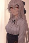  1girl bangs blush breasts closed_mouth collared_shirt eyebrows_visible_through_hair girls_frontline hair_between_eyes hair_ornament hairclip highres iws_2000_(girls&#039;_frontline) large_breasts long_hair long_sleeves looking_at_viewer red_eyes selcky shirt sidelocks silver_hair solo upper_body white_shirt 