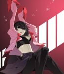  1girl armpits arms_up bangs black_eyes black_hair black_legwear black_shirt bob_cut breasts commentary cropped_shirt empty_eyes falling feet_out_of_frame from_below gradient gradient_background hair_over_eyes hands_up highres knees_up long_sleeves looking_ahead midriff monogatari_(series) naoetsu_high_school_uniform navel open_clothes open_mouth open_shirt open_skirt oshino_ougi owarimonogatari pantyhose pink_shirt pleated_skirt puffy_sleeves purple_skirt red_background school_uniform shards shirt short_hair skirt sleeveless sleeveless_turtleneck sleeves_past_fingers sleeves_past_wrists solo turtleneck under_boob undressing unzipped upper_teeth window yamanami_kousuke 