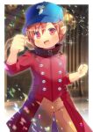  1girl :d bangs baseball_cap blue_headwear blurry blurry_background brown_hair brown_pants clenched_hand coat commission depth_of_field eyebrows_visible_through_hair hair_between_eyes hand_up hat kou_hiyoyo long_sleeves looking_at_viewer open_mouth original pants pointy_ears red_coat red_eyes skeb_commission smile solo standing v-shaped_eyebrows 