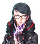  1girl bayonetta bayonetta_(series) bayonetta_3 black_hair braid clothing_cutout earrings eyeshadow glasses gloves jewelry kara_namako lipstick long_hair looking_at_viewer makeup mole mole_under_mouth multicolored_hair redhead ribbon simple_background smile solo streaked_hair twin_braids 