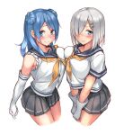  2girls black_sailor_collar black_skirt blue_eyes blue_hair blush breast_press breasts character_request closed_mouth double_bun elbow_gloves embarrassed fumikiri gloves hair_ornament hair_over_one_eye hairclip hamakaze_(kancolle) kantai_collection large_breasts long_hair looking_at_viewer medium_hair miniskirt multiple_girls neckerchief one_eye_covered pleated_skirt sailor_collar school_uniform serafuku shirt short_sleeves simple_background skirt sleeves_rolled_up smile symmetrical_docking white_background white_gloves white_shirt yellow_neckwear 