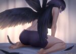  1girl bare_arms bare_shoulders barefoot bird_wings black_hair echt feathers feet from_behind genshin_impact kujou_sara looking_at_viewer looking_back short_hair shorts sleeveless soles solo wings 