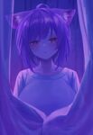 1girl absurdres alternate_costume animal_ears blush cat_ears cat_girl collarbone curtains fang highres hololive looking_at_viewer messy_hair nanome_to nekomata_okayu purple_hair short_hair skin_fang solo tearing_up upper_body violet_eyes virtual_youtuber 