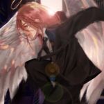  1boy angel angel_devil_(chainsaw_man) angel_wings black_suit business_suit chainsaw_man demon_boy feathered_wings formal halo highres hqls long_hair looking_at_viewer neckwear redhead suit white_wings wings 