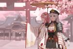  2girls :d architecture bamboo_nima bangs black_gloves black_headwear blue_eyes braid braided_ponytail cherry_blossoms dress east_asian_architecture gloves hair_between_eyes hair_ornament hair_ribbon highres holding holding_umbrella honkai_(series) honkai_impact_3rd japanese_clothes kallen_kaslana kallen_kaslana_(sixth_serenade) kimono long_hair long_sleeves looking_up multiple_girls oil-paper_umbrella open_mouth outdoors outstretched_arm petals pink_hair ribbon smile tree umbrella violet_eyes wedding_dress white_hair white_kimono white_sky yae_sakura yae_sakura_(gyakushinn_miko) 