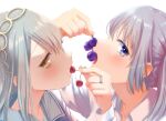  2girls blue_hair cherry collar eating eyebrows_visible_through_hair food fruit grapes grey_hair headband highres jewelry kanechitomoyo kasane_ao kureha_yuna looking_at_viewer magia_record:_mahou_shoujo_madoka_magica_gaiden mahou_shoujo_madoka_magica multiple_girls ring school_uniform violet_eyes yellow_eyes 