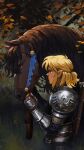  animal armor bangs blonde_hair brown_gloves earrings english_commentary epona fingerless_gloves from_side gloves hand_up highres horse jewelry link looking_at_animal malin_falch outdoors pointy_ears profile scale_armor shiny shoulder_armor sitting the_legend_of_zelda the_legend_of_zelda:_breath_of_the_wild tree 
