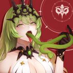  black_gloves blonde_hair commentary_request forked_tongue gloves gradient_hair green_eyes green_hair highres honkai_(series) honkai_impact_3rd long_hair long_tongue mobius_(honkai_impact) multicolored_hair slit_pupils snake tongue tongue_out 