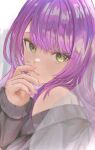  1girl bangs cardigan commentary fingernails from_side green_eyes grey_cardigan hand_on_own_face hand_to_own_mouth highres hololive long_hair long_sleeves looking_at_viewer looking_to_the_side off_shoulder parted_lips portrait purple_hair puruisu solo swept_bangs tokoyami_towa virtual_youtuber 