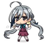  1girl :&lt; =3 ahoge boots bow bowtie chibi clenched_hand cross-laced_footwear dress ganbaru_pose grey_eyes grey_hair grey_legwear hair_between_eyes hair_bun halterneck kantai_collection kiyoshimo_(kancolle) lace-up_boots long_hair looking_at_viewer low_twintails multicolored_hair nemuou pantyhose pleated_dress purple_dress shirt simple_background solo standing twintails very_long_hair white_background white_shirt 