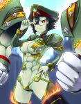  1girl abs black_hair breasts clenched_hands colored_skin disembodied_limb fire glasses gloves green_skin hand_on_hip hat large_breasts military_hat newt_(xenoblade) nke_toumi red_eyes smile thigh-highs white_gloves xenoblade_chronicles_(series) xenoblade_chronicles_2 