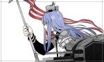  1girl american_flag bangs blue_hair flag from_side fujinoki_(horonabe-ken) greyscale headgear holding holding_flag kantai_collection long_hair long_sleeves monochrome multicolored_hair parted_lips profile redhead rigging sidelocks simple_background solo south_dakota_(kancolle) spot_color star_(symbol) upper_body white_hair 