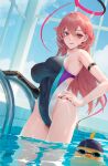    1girl azur_lane bird black_swimsuit borrowed_design breasts chick cirilla duca_degli_abruzzi_(azur_lane) halo hand_on_hip highleg highleg_swimsuit highres large_breasts long_hair manjuu_(azur_lane) pool_ladder prosthesis prosthetic_arm prosthetic_hand red_eyes redhead swimsuit water 