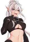 1girl absurdres black_gloves black_shirt breasts bright_pupils cleavage_cutout clothing_cutout commentary crop_top elfboiii english_commentary eyebrows_visible_through_hair fangs finger_to_mouth fingerless_gloves gloves grey_eyes hair_between_eyes hand_up highres large_breasts linea_alba long_hair long_sleeves looking_at_viewer midriff navel open_mouth original pointy_ears ponytail shirt simple_background slit_pupils solo toned under_boob upper_body white_background white_hair white_pupils