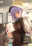  1boy 1girl bag blush book closed_mouth commentary_request eris_(konosuba) hat highres holding holding_book izawa_koushi kono_subarashii_sekai_ni_shukufuku_wo! long_sleeves purple_hair skirt smile violet_eyes 