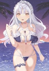  1girl angel_heart_(fate) bare_shoulders bikini caren_hortensia choker commentary_request cowboy_shot fate/grand_order fate_(series) highres long_hair looking_at_viewer night night_sky ocean oshage_(user_kpsn5534) sky solo swimsuit thigh_strap tree wavy_hair white_hair yellow_eyes 