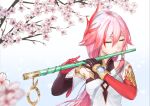  1girl asymmetrical_gloves bangs black_gloves branch cherry_blossoms china_dress chinese_clothes closed_eyes dress elbow_gloves fattybot flute fu_hua fu_hua_(phoenix) gloves hair_between_eyes hair_ornament holding holding_instrument honkai_(series) honkai_impact_3rd instrument long_hair mismatched_gloves music playing_instrument ponytail red_gloves sleeveless sleeveless_dress solo white_dress white_hair 