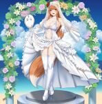    1girl alternate_costume animal_ears breasts bride dress elbow_gloves full_body gloves high_heels highres holo kisaragi_tsurugi lace-trimmed_legwear lace_trim large_breasts long_hair orange_hair red_eyes sidelocks sleeveless sleeveless_dress solo spice_and_wolf standing tail thigh-highs wedding_dress white_dress white_footwear white_gloves white_legwear wolf_ears wolf_girl wolf_tail 