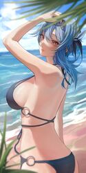    1girl absurdres beach bikini black_bikini blue_hair blue_nails blue_sky blush breasts brown_eyes clouds cozyu eula_(genshin_impact) genshin_impact hand_on_head headband highres large_breasts looking_at_viewer o-ring o-ring_bikini ocean outdoors palm_leaf sideboob sky solo swimsuit water 