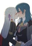  2girls blue_hair blush breasts byleth_(fire_emblem) byleth_eisner_(female) closed_eyes clothing_cutout edelgard_von_hresvelg eyebrows_visible_through_hair fire_emblem fire_emblem:_three_houses hair_ribbon highres kiss long_hair medium_breasts multiple_girls natsuyiro_x navel navel_cutout ribbon simple_background white_background yuri 