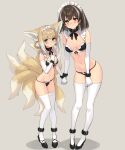  2girls :o absurdres animal_ears ankle_cuffs arknights black_bra black_collar black_footwear black_legwear black_neckwear black_panties blonde_hair blush bra braid breasts brown_hair chinese_commentary collar commentary_request detached_sleeves earrings embarrassed fox_ears fox_girl fox_tail full_body green_eyes grey_background hand_up height_difference highres holding_hands jewelry kitsune kyuubi looking_at_viewer magallan_(arknights) maid_headdress medium_breasts multicolored_hair multiple_girls multiple_tails navel panties shadow shoes short_hair sigm@ simple_background sketch small_breasts standing stomach streaked_hair suzuran_(arknights) tail thigh-highs underwear white_hair white_headdress white_legwear white_sleeves yellow_eyes 