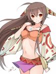  1girl breasts brown_hair cosplay feena_(grandia) grandia grandia_i hair_tubes jewelry long_hair looking_at_viewer low-tied_long_hair midriff mkmkproject navel necklace simple_background skirt smile solo virtual_youtuber white_background yaezawa_natori 