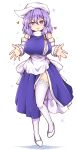    1girl apron arm_warmers bra breasts commission dress full_body hat head_tilt heart highres large_breasts letty_whiterock looking_at_viewer medium_hair purple_dress purple_hair reaching_out shoes simple_background solo sparkle standing thigh-highs touhou underwear violet_eyes waist_apron white_apron white_background white_bra white_footwear white_headwear white_legwear wool_(miwol) 