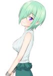  1girl breasts closed_mouth cowboy_shot druj easy_(aqk7bdqt) eyebrows_visible_through_hair frills from_side green_hair green_skirt grey_sweater hair_over_one_eye jahy-sama_wa_kujikenai! looking_at_viewer medium_breasts pointy_ears ribbed_sweater short_hair simple_background skirt sleeveless sleeveless_sweater solo sweater tight tsurime turtleneck turtleneck_sweater violet_eyes white_background wristband 