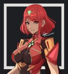  1girl bangs breasts cm_lynarc dark_background earrings eyebrows_visible_through_hair hair_ornament highres jewelry large_breasts looking_at_viewer navel pyra_(xenoblade) red_eyes redhead short_hair signature solo swept_bangs upper_body xenoblade_chronicles_(series) xenoblade_chronicles_2 