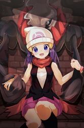  1girl beanie black_legwear commentary_request darkrai hikari_(pokemon) eyelashes hair_ornament hairclip hat kneehighs knees long_hair looking_at_viewer mythical_pokemon open_mouth pokemon pokemon_(creature) pokemon_(game) pokemon_dppt purple_hair scarf shirt skirt sleeveless sleeveless_shirt smile tongue umiru violet_eyes white_headwear 