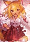  1girl absurdres animal_ear_fluff animal_ears blonde_hair cowboy_shot dappled_sunlight fangs fox_ears fox_girl fox_tail hakama hakama_skirt hand_on_hip hand_up highres japanese_clothes kaamin_(mariarose753) looking_at_viewer miko open_mouth original outdoors red_eyes sketch skirt solo sunlight tail thigh-highs torii tree white_legwear wind zettai_ryouiki 