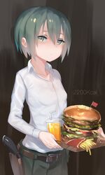  1girl belt blush bob_cut breasts brown_background brown_belt burger closed_mouth cowboy_shot cup disposable_cup drinking_straw food french_fries green_eyes green_hair green_pants gun handgun highres holding holster kino_(kino_no_tabi) kino_no_tabi long_sleeves looking_at_viewer pants pistol shirt short_hair small_breasts solo unizou weapon white_shirt 