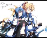  bangs bare_shoulders belt blonde_hair blue_hair breasts character_name choker collarbone couple dated detached_sleeves dizzy_(guilty_gear) english_text guilty_gear guilty_gear_vastedge_xt guilty_gear_xrd hair_between_eyes hair_ribbon holding_hands kuro_goma_(kakkou11) ky_kiske looking_at_another midriff navel open_mouth ponytail ribbon sheath sheathed short_shorts shorts sideboob simple_background skull_print sword tail tail_ornament tail_ribbon twintails weapon white_background yellow_ribbon 
