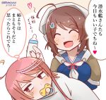 2girls ahoge baby_bottle blue_serafuku bottle brown_hair brown_shawl chougei_(kancolle) closed_eyes commentary_request hair_ornament hair_rings i-58_(kancolle) kantai_collection long_hair mitchell_(dynxcb25) multiple_girls neckerchief open_mouth pacifier pink_eyes pink_hair short_hair smile translation_request white_neckwear 