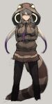  1girl alenka black_legwear blonde_hair brown_jacket brown_skirt closed_mouth collared_jacket cropped_legs crossed_arms detached_hood eyebrows_visible_through_hair feet_out_of_frame grey_background hair_between_eyes high_collar highres hood hood_up jacket kemono_friends king_cobra_(kemono_friends) leggings long_hair long_sleeves looking_at_viewer miniskirt multicolored multicolored_eyes multicolored_hair necktie pleated_skirt purple_hair red_eyes serious shaded_face simple_background sketch skirt snake_tail solo standing tail twintails two-tone_hair v-shaped_eyebrows very_long_hair yellow_eyes 